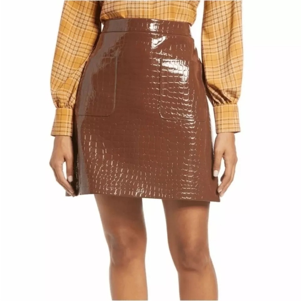 Halogen x Atlantic Pacific A-Line Brown Patent Leather Mini Skirt Size XS‎